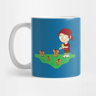 Red hair girl feed the nut to squirrel at park , Girl give the nut to squirrels, Girl relax with cute squirrel ,cute girl, squirrel family, cute rodent, cute squirrel, pet lover, Red hair girl Mug